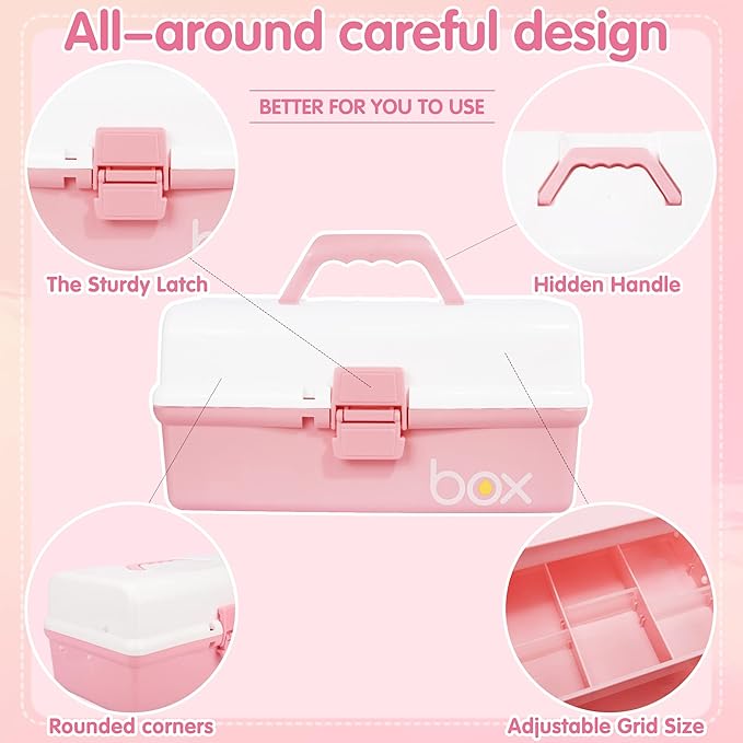 12in 3-Layer Plastic Craft Organizers and Storage, Portable Folding Tackle Box with Handle & Adjustable Dividers, Multipurpose Case for Sewing, Art Supplies, Medicine, Tools (White Pink)