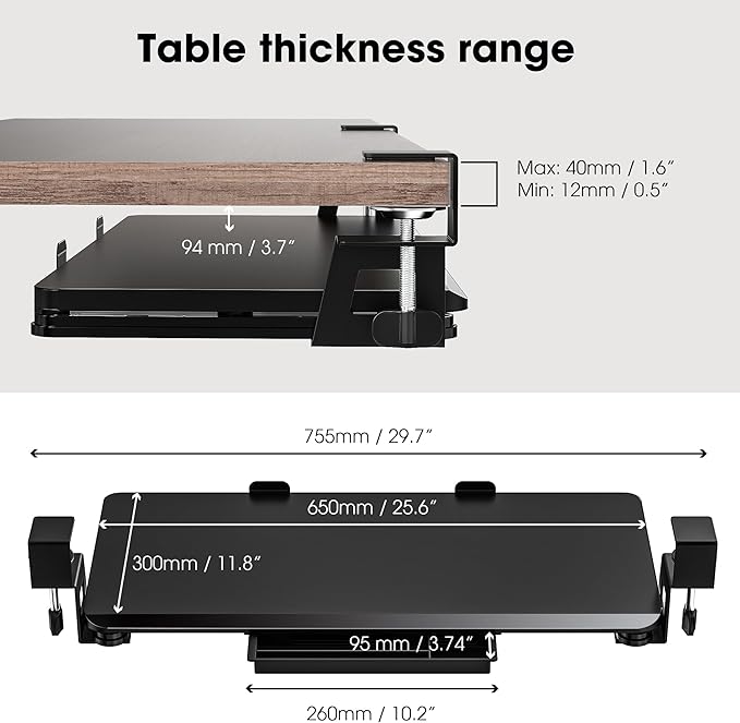 Fenge Keyboard Tray Under Desk, Pull Out Keyboard & Mouse Tray with C Clamp Mount, Sliding Keyboard Holder for Desk, 25.6 x 11.8 inch Large Slide-Out Platform Computer Drawer for Typing, Black