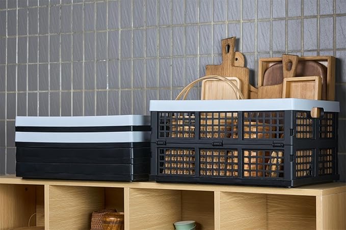 3-Pack Plastic Collapsible Storage Crates-30L,Foldable Plastic Crates for Storage (Black+Gray)