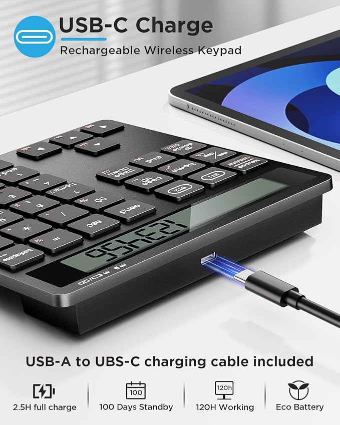 Rechargeable Wireless Number Pad for Laptop, 34 Keys Numeric Keypad with Dual Bluetooth & Display, 2-in-1 Numpad and Calculator, Slim Portable Number Pad Keyboard for Windows, Mac, PC, Tablet