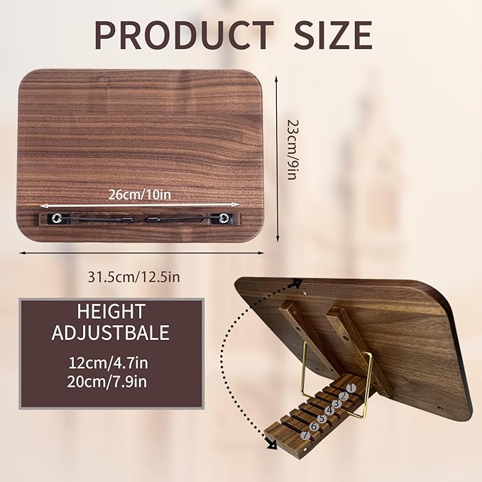 Portable Book Stand for Reading, Adjustable Wooden Laptop Stand. Foldable Desktop Stand for Cookbook, Fits All Books (Walnut, Chinoiserie Simple)