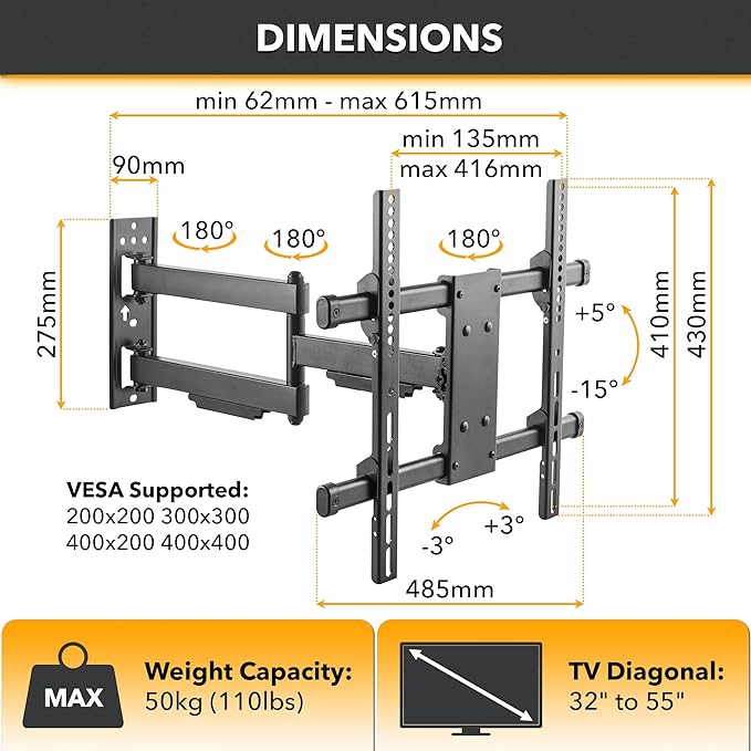 CondoMounts TVA8144 Full Motion TV Wall Mount for 32"-65" Screen | Swivel and Tilt TV Bracket with Articulating Arms, Holds 110lbs | UL Certified