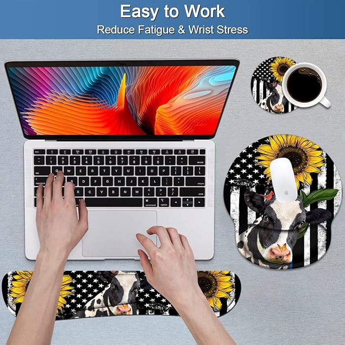 Keyboard Wrist Rest and Mouse Pad Wrist Support Set with Coasters, Ergonomic Gaming Mousepad for Home Office Working Studying Easy Typing & Pain Relief, American Flag Sunflower and Cow