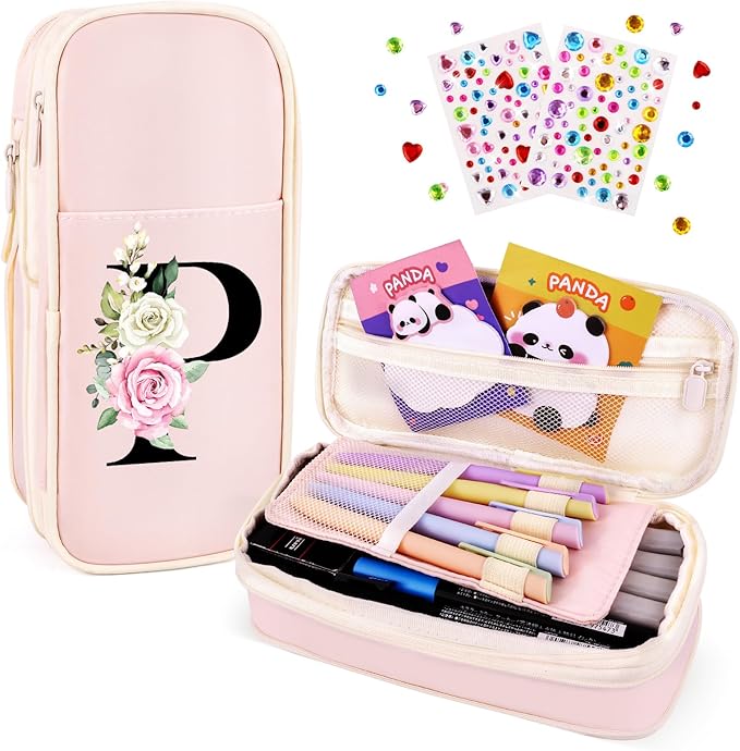 Preppy Pencil Case for Girls, Cute Large Pencil Pouch, Personalized Initial Pencil Bag with Zipper for School College Office Supplies, Back to School Supplies Gifts for Teen Girls (P, Pink)