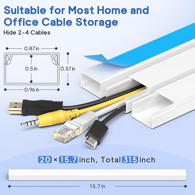 315in Cord Hider Kit, Paintable Cable Raceway, Cord Covers for Wires on Wall, Cord Hider for Wall Mount tv, tv Cable Hider Wall kit, Wire Covers for Cords, W0.96in X H0.57in, White