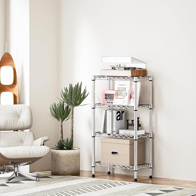 1000 lbs 4 Tier Shelf Metal Storage Shelves Wire Rack Closet Organizers with PP Board for Garage Kitchen Bathroom Laundry Chrome 11.8" D x 21.7" W x 39.5" H