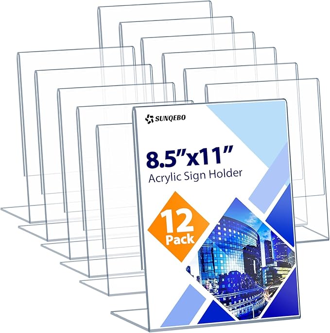 12 Pack Acrylic Sign Holder 8.5 x 11, Clear Desktop Acrylic Display Stands, L Shape Sign Holder, Plastic Flyer Stand for Displaying Posters Picture Flyers Menu