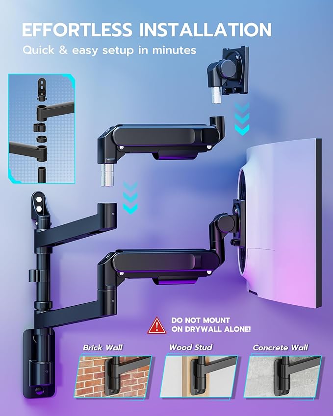 ARES WING Dual Monitor Wall Mount for 24-57 Inch Ultrawide Screens, Premium Heavy Duty Monitor Arm Holds 60 lbs, Full Motion Gas Spring, Bearing Head for Easy Adjustment, 75/100 VESA Mount, Black