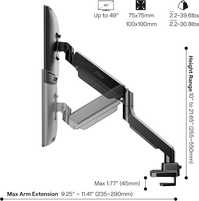 Pixio PS2S Ultrawide Heavy-Duty Premium Single Monitor Arm Stand Desk Mount - Fits up to 49 inches Monitors, Weights up to 39lbs Flat / 31lbs Curved, Compatible with VESA 75x75mm 100x100mm