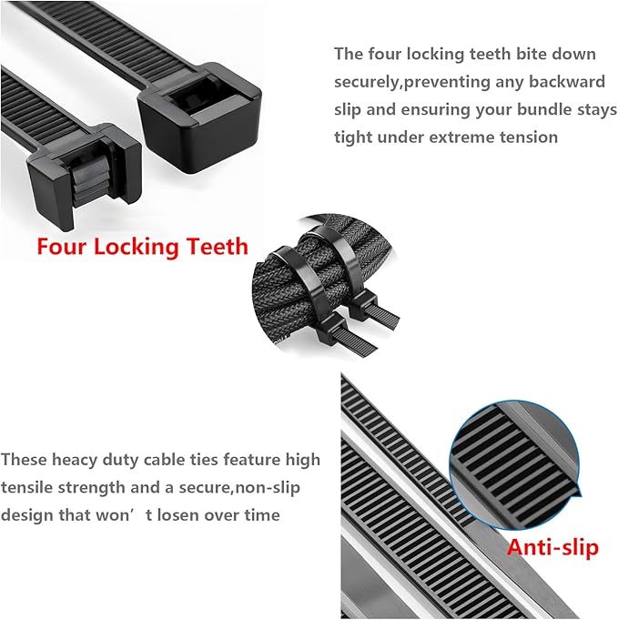 12 Inch Heavy Duty Zip Ties, 0.3 Inch Wide 120LBS Tensile Strength, Self-Locking Black Nylon Cable Ties for Outdoor Indoor Use, Home Office Garden Automotive Wire Cord Management,by VIKTONIK