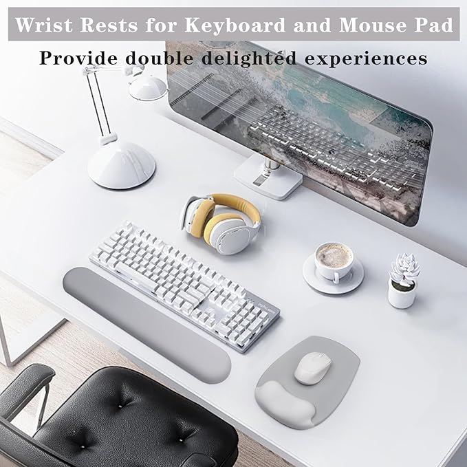 Wrist Rest Support for Mouse Pad and Keyboard Set, Ergonomic Gel Computer Keyboard Wrist Rest with Memory Foam for Long Hours of Work, Gaming, Studying-Relieve Wrist Pain (Light Grey)
