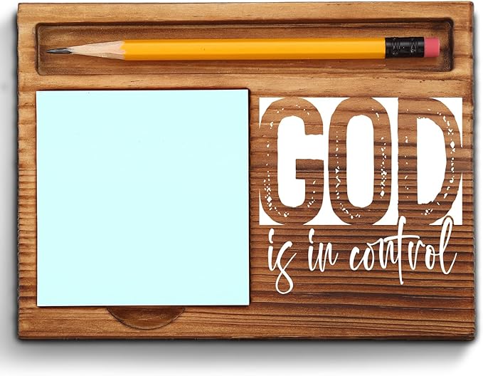 God is in Control Christian Sticky Note Holder, Religious Desk Accessories for Women, Men, Coworkers, Inspirational Wooden Prayer Gifts, Bible Verse Faith Note Pad Holder Office Decor ZSS78