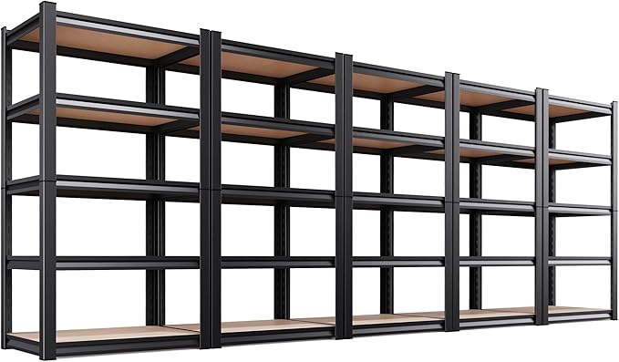 AOAORRG Set of 5 Garage Shelving Heavy Duty Storage Shelves, 5-Tier Metal Adjustable Shelving Unit, Utility Garage Organizer Shelf Rack for Basement, Pantry, Warehouse, 31.5"W x 13.8"D x 71.2"H, Black