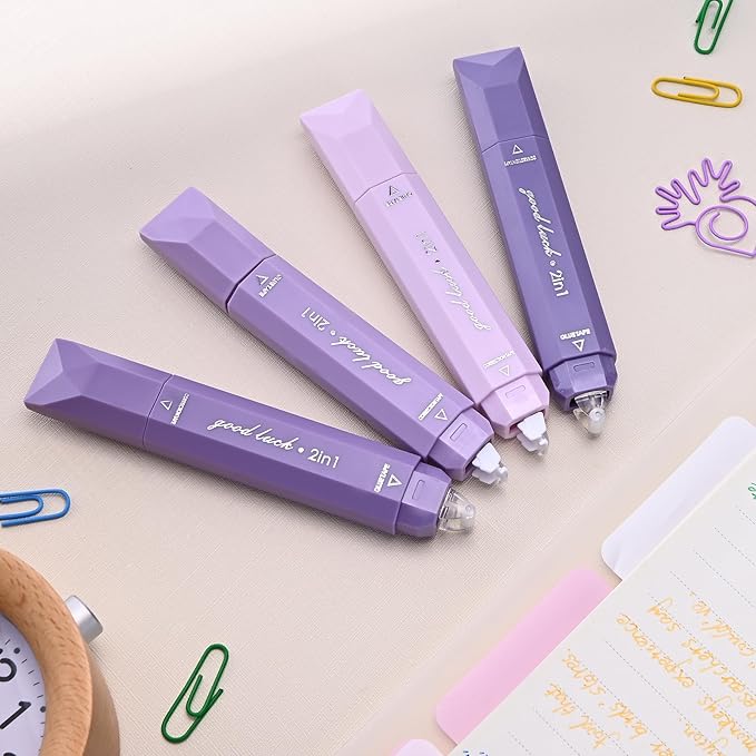 Temiary 4 Pcs 2 in 1 White Correction Tape and Double Sided Roller Set, Aesthetic Smooth Pull Out Tapes with Adhesive Glue Tape Roller Runner for School Office Supplies (Purple)