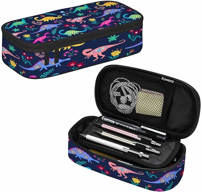 Dinosaur Pencil Bag Cartoon Dinosaurs Animal Flowers Colorful Big Capacity Pencil Case Pencil Pouch Pen Bag School Students Boy Girl