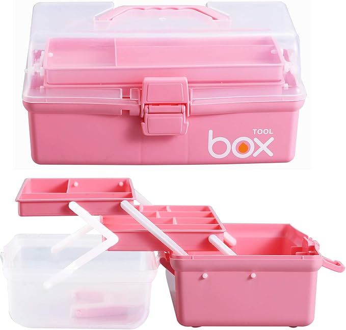 2PCS 12'' Three-Layer Clear Plastic Storage Box/Tool Box, Multipurpose Organizer and Portable Handled Storage Case for Art Craft and Cosmetic (Pink)