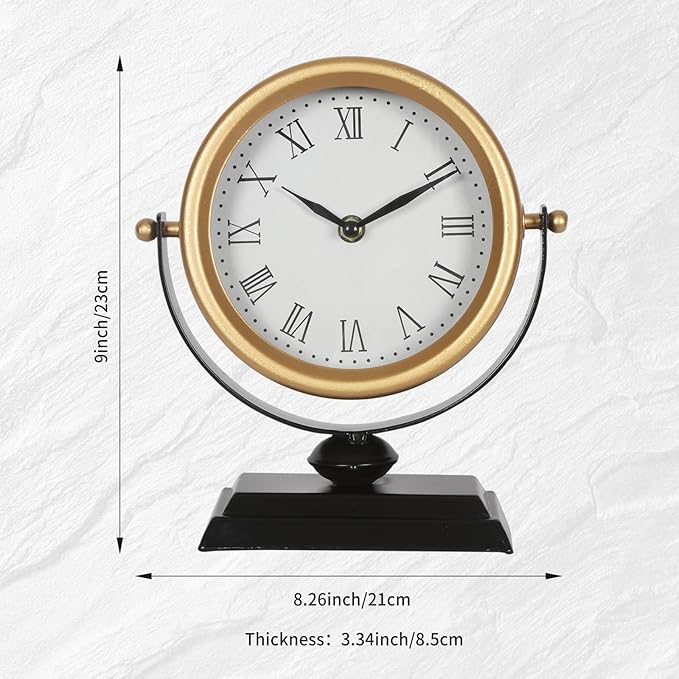 Desk Clock - Classic Vintage Clock and Decorative Shelf Decor,Silent Non-Ticking Clock with Distressed Metal Frame for Office, Living Room or Bedroom
