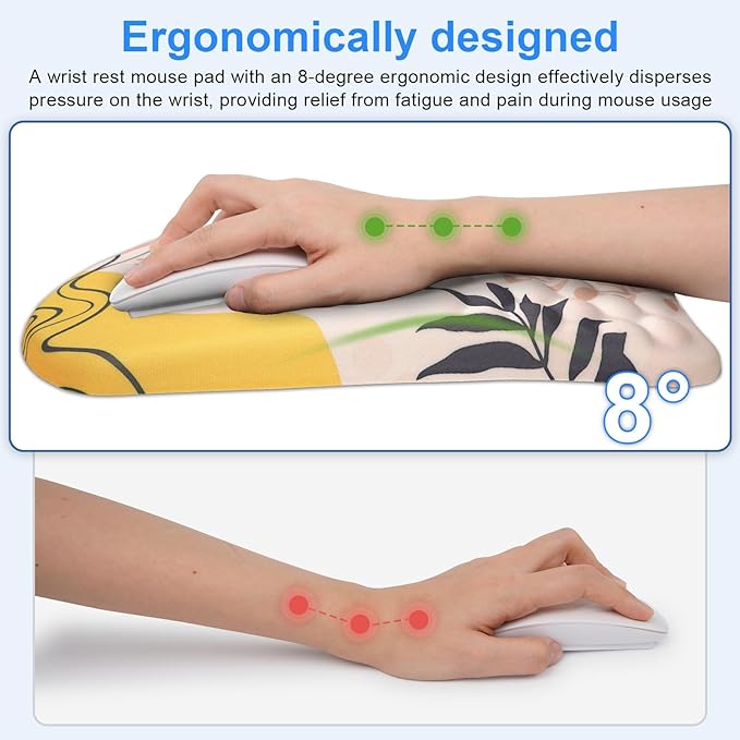 Ergonomic Wrist Mouse Pad with Massage Design, Wrist Rest Pain Relief Mousepad with Memory Foam Non-Slip PU Base, Mouse Pad with Wrist Support for Wireless Mouse & Desk,Y Boho Leaves