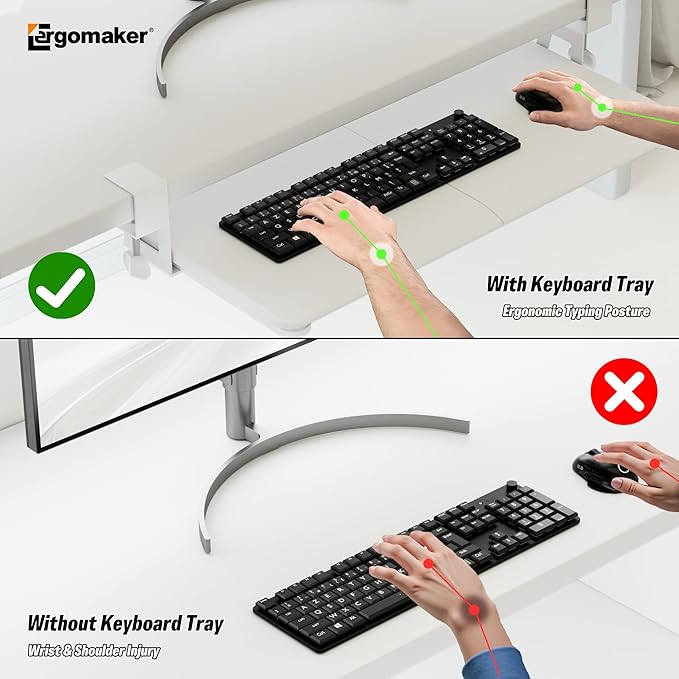 Keyboard Tray Under Desk, Pull Out Keyboard Tray with C Clamp Mount, 25.6" (29.7" Including Clamps) x 11.8" Slide-Out Platform Computer Drawer for Typing, Keyboard & Mouse Tray, White
