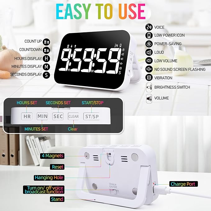 TXL Kitchen Timer for Cooking, Rechargeable Digital Magnetic Timer with Large LED Display, Loud Alarm, Sound Countdown, 4 Volume Levels and 3 Brightness for Classroom, Study (White)
