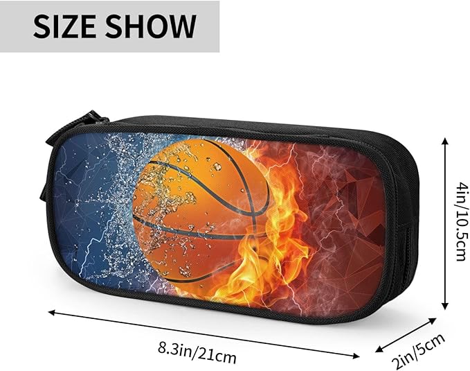 Basketball Pencil Case for Boys, Cool Sports Pencil Box with Print Water & Fire Pattern for Kids Teens, Personalized Pencil Holder with Zipper Pen Pouch Desk Organizer Travel Stationery Bag