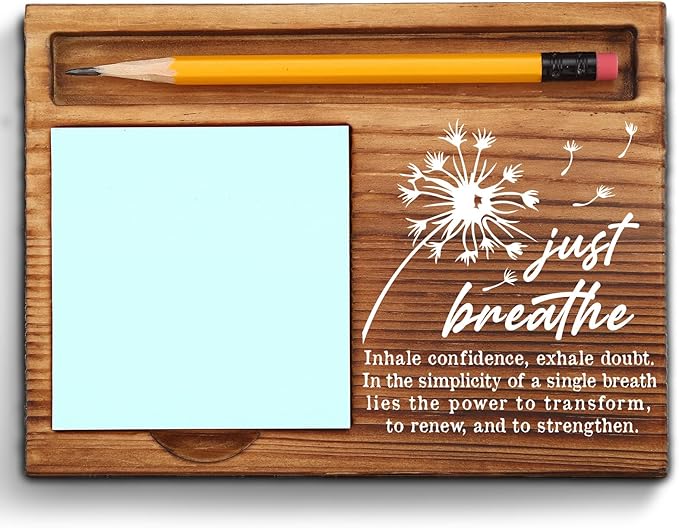 Just Breathe Sticky Note Holder with Mindfulness Quote, Relaxation Desk Gift for Women, Teens, Therapists, Self Care Affirmation Note Pad Holder ZSS90