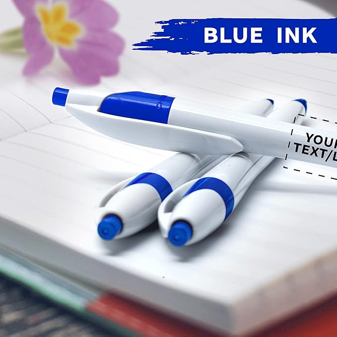 DISCOUNT PROMOS Custom Slim Curvy Ballpoint Pens Set of 10, Personalized Bulk Pack - Black Ink, Retractable, Great for Office, School, Tradeshows - Blue