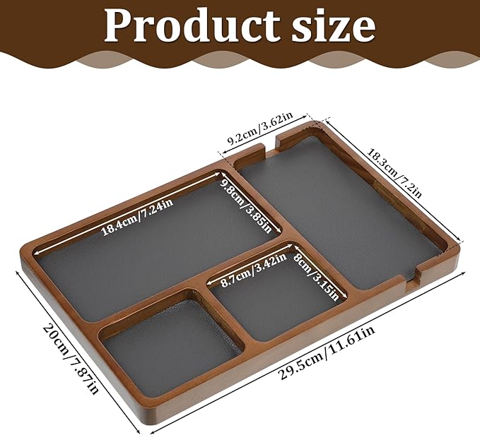 Wooden Valet Tray, 4 Grids Catch All Tray with Leather Inlay Wallet Trays Organizer for Nightstand, Desk, Entryway Stylish Durable EDC Catchall Trays for Keys, Wallet, Watch, Jewelry, Phone