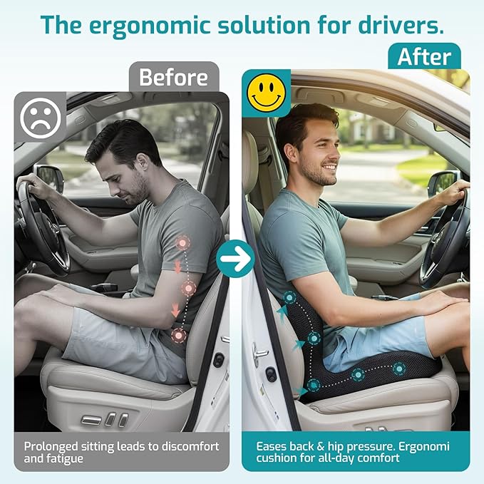 Trucker Seat Cushion, Car Seat Cushions with Lumbar Support Pillow, Ergonomic L-Shaped One Piece Memory Foam Pad for Long Driving Back Pain Sciatica Relief, Drivers Office Workers (Black+Ice Silk)