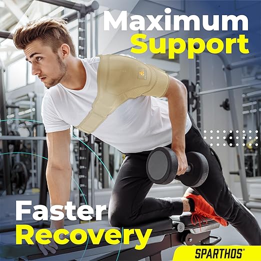 Sparthos Shoulder Brace - Support Sleeve for Torn Rotator Cuff, AC Joint Pain Relief - Arm Stability Strap Wrap - Fits Bicep 14-30 in, Left or Right, Men & Women - Measure Before Purchase - Beige-XXL