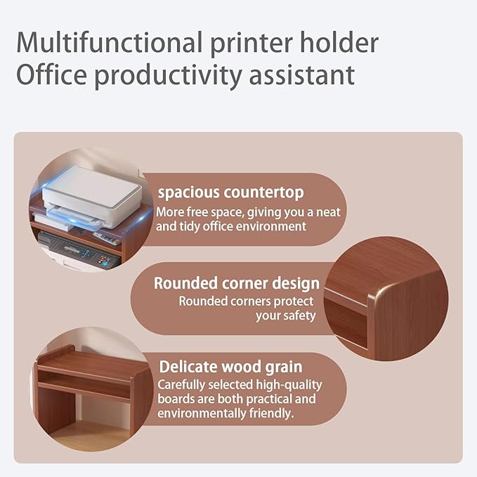 Desktop Storage Rack, Wooden Printer Stand with Compact Under Desk Shelf for Home Office Organization(Teak Color,17.7 * 11.8 * 23.6in)