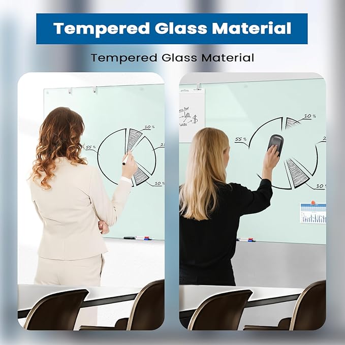 0.3mm Reinforced Metal Backing Glass White Board for Wall, 96" x 48" Extra Large Magnetic Tempered Glass Dry Erase Board with Frameless Design, 8' x 4' Glass Board for Home, Office, School