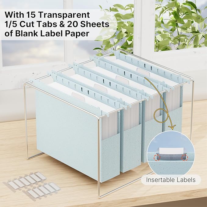 Wheat Straw Plastic Hanging File Folders Letter Size, 2'' Expansion Extra Capacity Filing Cabinet Folders with Tabs, 12 Pack Reinforced Accordion File Organizer for Office School(Morandi Blue)