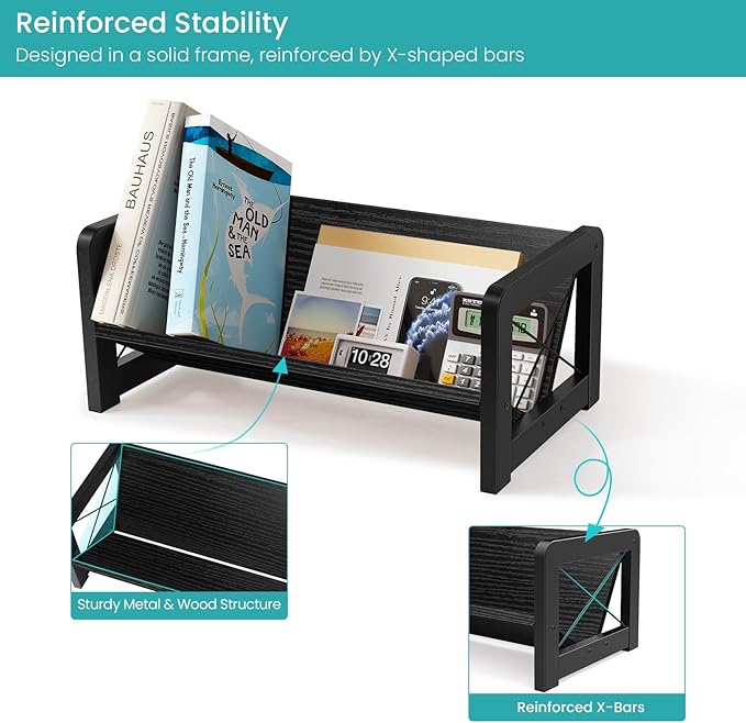 ELITEROO Desk Bookshelf, Small Book Shelf, Wooden Desktop Bookcase, Tilting Table Top Bookshelf for Home Office, for Book Display, Cookbook Storage, Kids Reading, Black