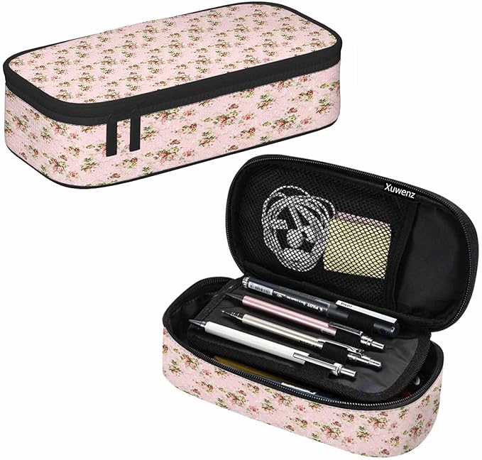 Pink Flowers Pencil Case Green Leaves Floral Retro Pencil Bag Pen Markers Pouch Holder Organizer for Boy Girl School Students