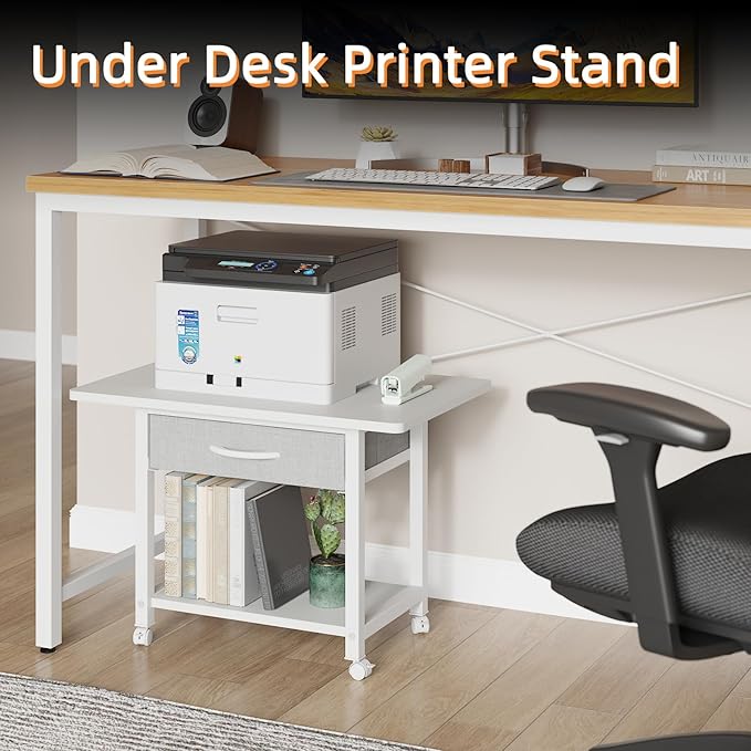 YAOHUOO 22"x15" Large Printer Stand with Storage Drawer, 2-Tier Under Desk Table for Home Office, Fits Fax Machine/3D Printer/Scanner (White)