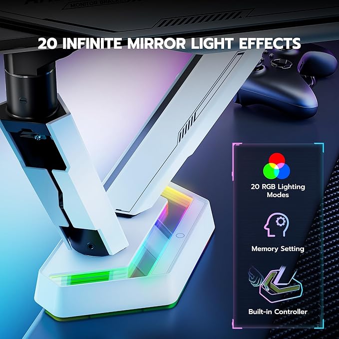 ARES WING RGB Dual Monitor Arm for 17-38" Ultrawide Screens, Holds 35.2lbs, Heavy Duty Dual Monitor Stand for Desk, Adjustable Double Monitor Mount with Clamp & Grommet Base, 75/100 VESA Mount, White