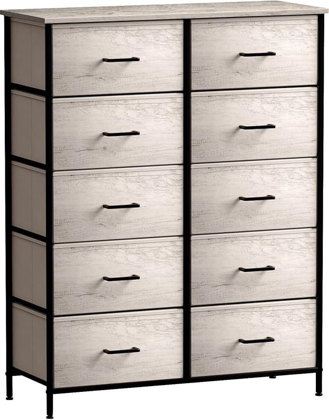 Sorbus Dresser with 10 Faux Wood Drawers - Chest Organizer Unit with Steel Frame Wood Top & Handle Easy Pull Fabric Bins for Clothes - Storage Furniture for Bedroom, Hallway, Living Room & Closet