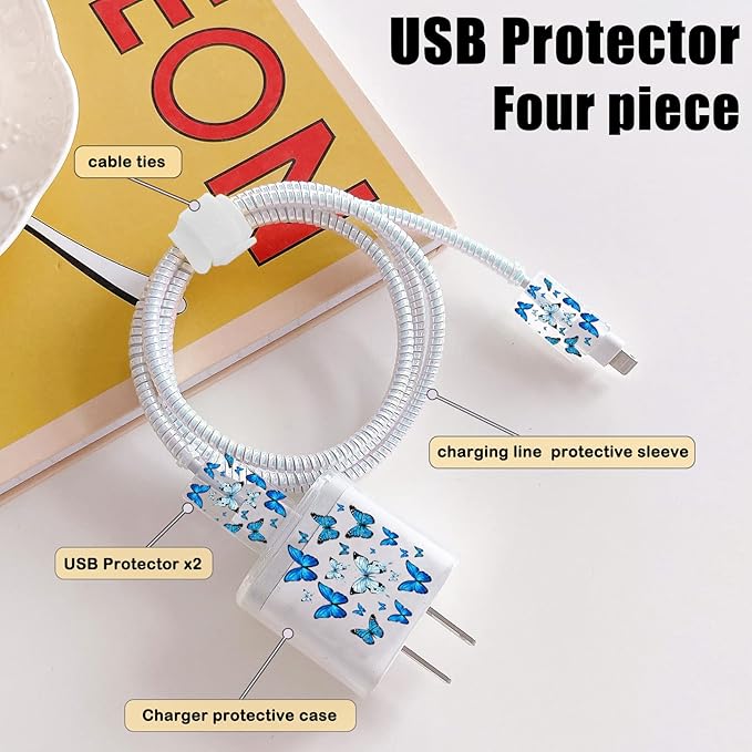 Cute Protectors Cable Protector for iPhone Charger Case Cover Pretty Elegant Blue Butterflies Pattern Unique Design Data Cable Phone Charger Data Line Wire Saver for iPhone 14 13 12 11 Pro