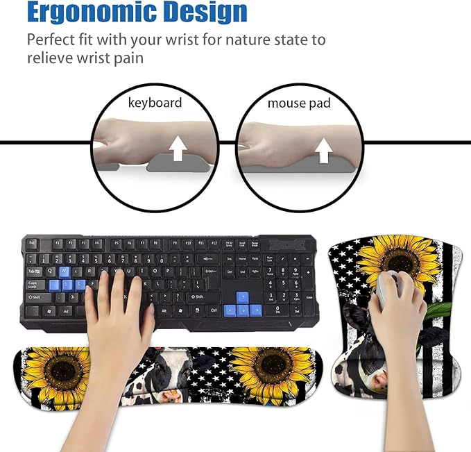 Keyboard Wrist Rest and Mouse Pad Wrist Support Set with Coasters, Non-Slip PU Base Ergonomic Mousepad for Computer Laptop Home Office Easy Typing & Pain Relief, American Flag Sunflower and Cow