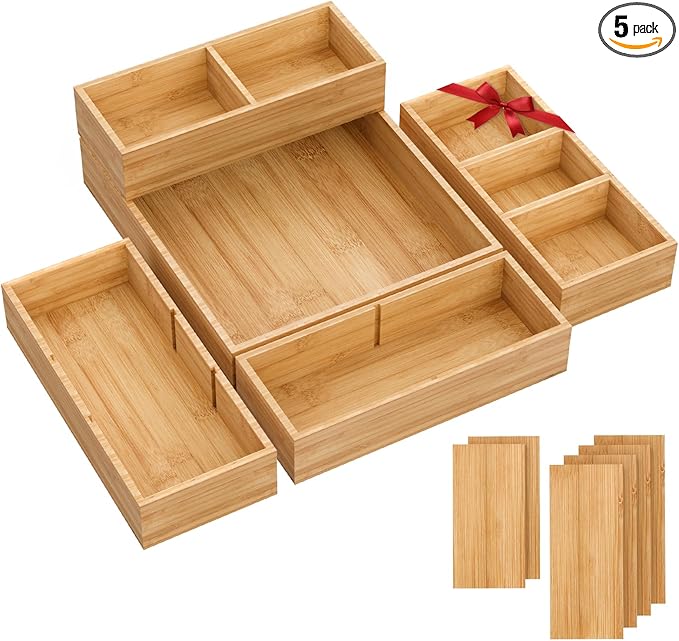 SpaceWhisper Bamboo Drawer Organizer, 5-Piece Drawer Divider with Removable Dividers for Organization and Storage, Multi-Use Stackable Storage Box & Utensil Holder for Kitchen, Office, Makeup & More