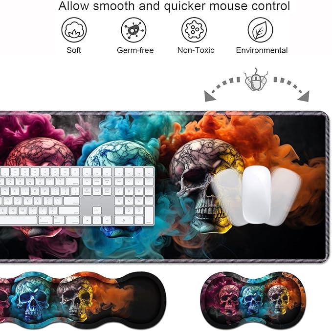 Ergonomic Keyboard Wrist Rest & Mouse Pad Wrist Rest Set, Large XXL Gaming Desk Mat 31.5"x 11.8" with Memory Foam, Easy Typing Pain Relief for Office & Home, Colored Skull