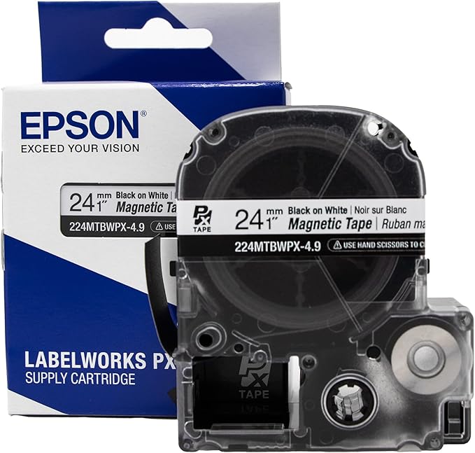 Epson LABELWORKS 224MTBWPX-4.9 Genuine Magnetic Tape Cartridge - Black on White Magnet Label Maker Tape - 1" (24MM) Wide, 4.9 ft, White