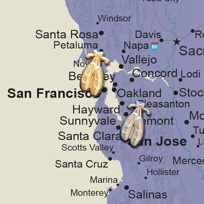 Ballet Slipper Push Pins - Silver Ballet Slippers Map Pins for Cork Boards, Maps, or Lapel Use - Designed in USA - Set of 10