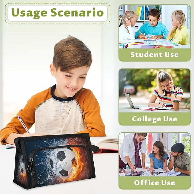 Pardick Large Capacity Pencil Case Pouch, Water Fire Soccer Portable Zipper Pencil Cases Pencil Bag Office Stationery Bag Makeup Bag Desk Organizer for Women Men