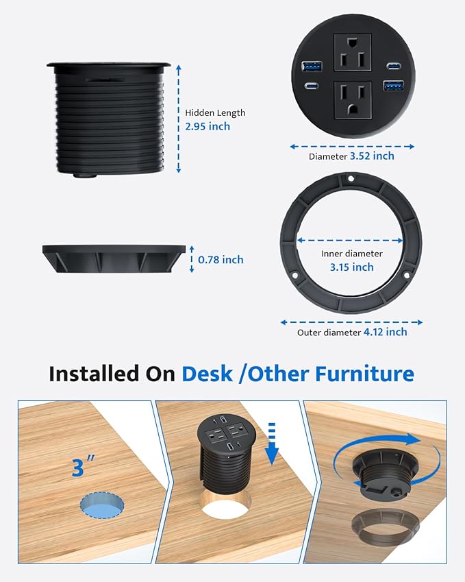 3 inch Recessed Power Grommet with AC Outlets, 20W USB C Fast Charging Conference Recessed Outlet, 40W Total, Flush Mount for Desk,Office Tables,Furniture, 4 USB Ports, Black