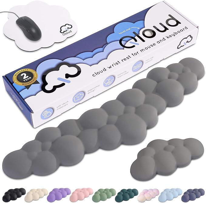 Qloud Cloud Wrist Rest Keyboard Wrist Rest for Computer Keyboard Pad, Cloud Keyboard Wrist Rest, Wrist Pad for Keyboard, Memory Foam, Non Slip Base, Comes with Mouse Pad - Soft Gray