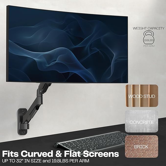 VIVO Single Monitor Counterbalance Wall Mount for 32 inch Screens up to 19.8 lbs, Full Motion, Max VESA 100x100, Black, MOUNT-V001G