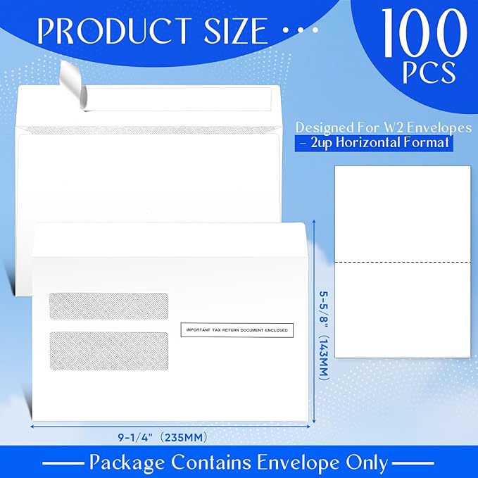 Sayglossy 100 Pcs W2 Tax Envelopes Tax Self Adhesive Double Window Security Envelopes(9-1/4" x 5-5/8")