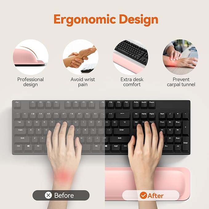 TECKNET Wrist Rest for Computer Keyboard, Thicken Memory Foam Wrist Support Pad for Keyboard, Ergonomic Palm Rest for Pain Relief, Anti-Slip Rubber Base, 17x3.3 in, 1 inch (25mm), Pink